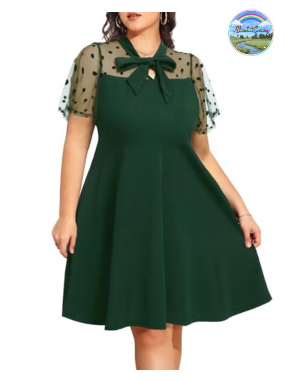 Plus Size Contrast Mesh A-Line Cocktail Dress Bow Tie Neck Short Sleeve